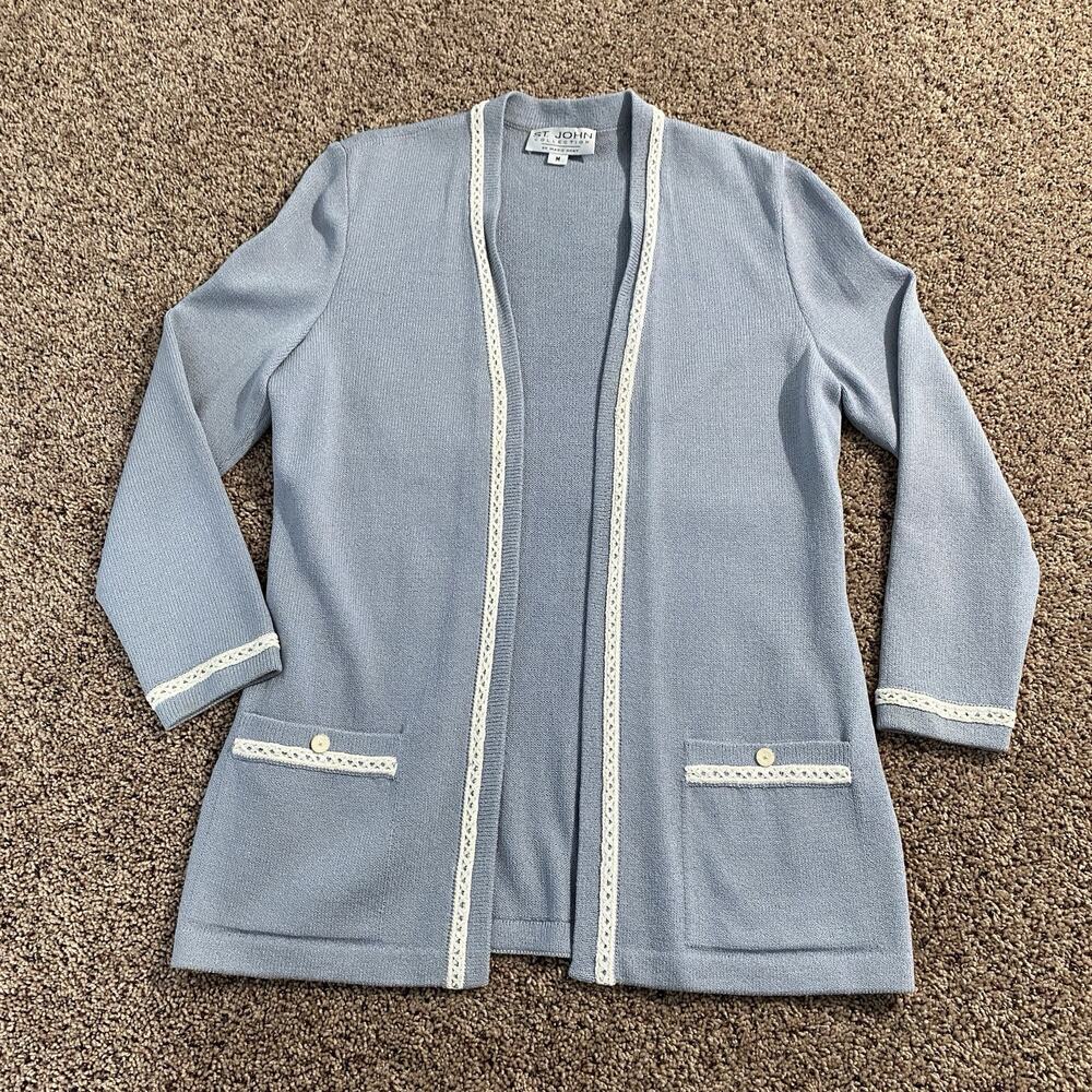 St. John Blue White Santana Knit Long Cardigan Jacket Size Medium Luxury Preppy